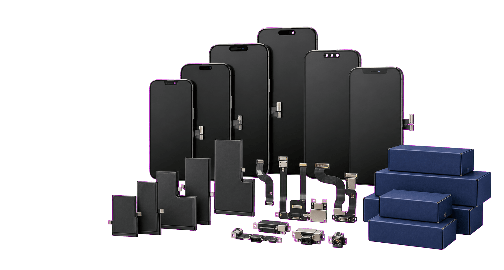 Mobile display assemblies, replacement batteries, flex cables, and shipping boxes